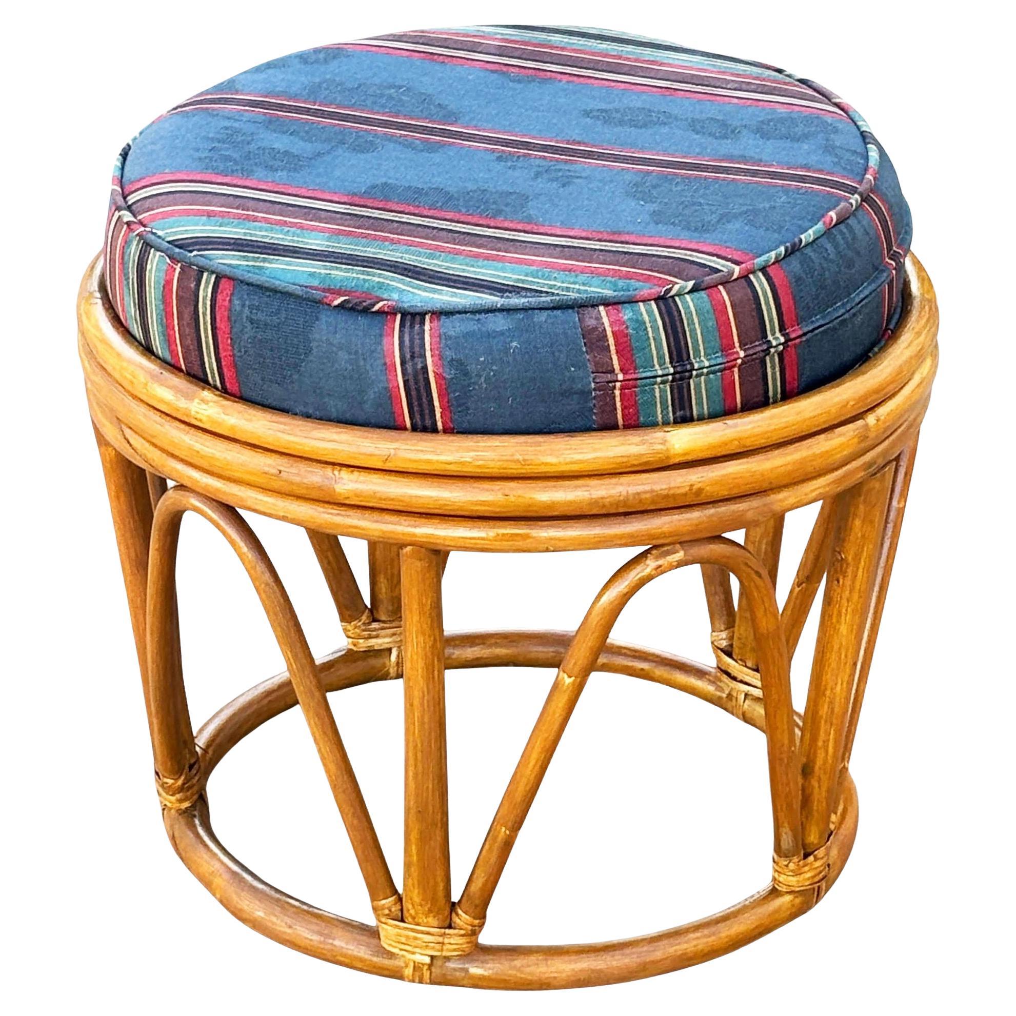 Restored Rattan Footstool with Striped Jacquard Navy Cushion For Sale
