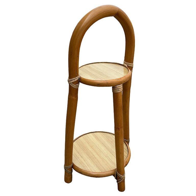 American Restored Rattan & Formica Mini Side Drink/Smoke Stand with Handle For Sale