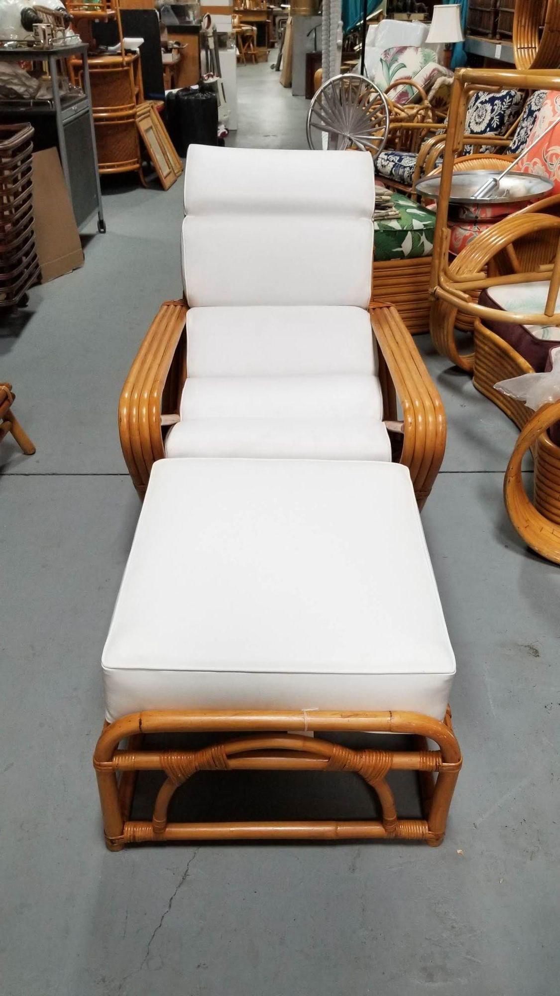 Experience ultimate comfort and style with our meticulously restored Rattan Four Strand Square Pretzel Chaise Lounge Chair, complete with a matching ottoman. This iconic design exudes timeless elegance and offers the perfect spot for relaxation and