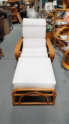 Restored Rattan Four Strand Square Pretzel Chaise Lounge Chair with Ottoman