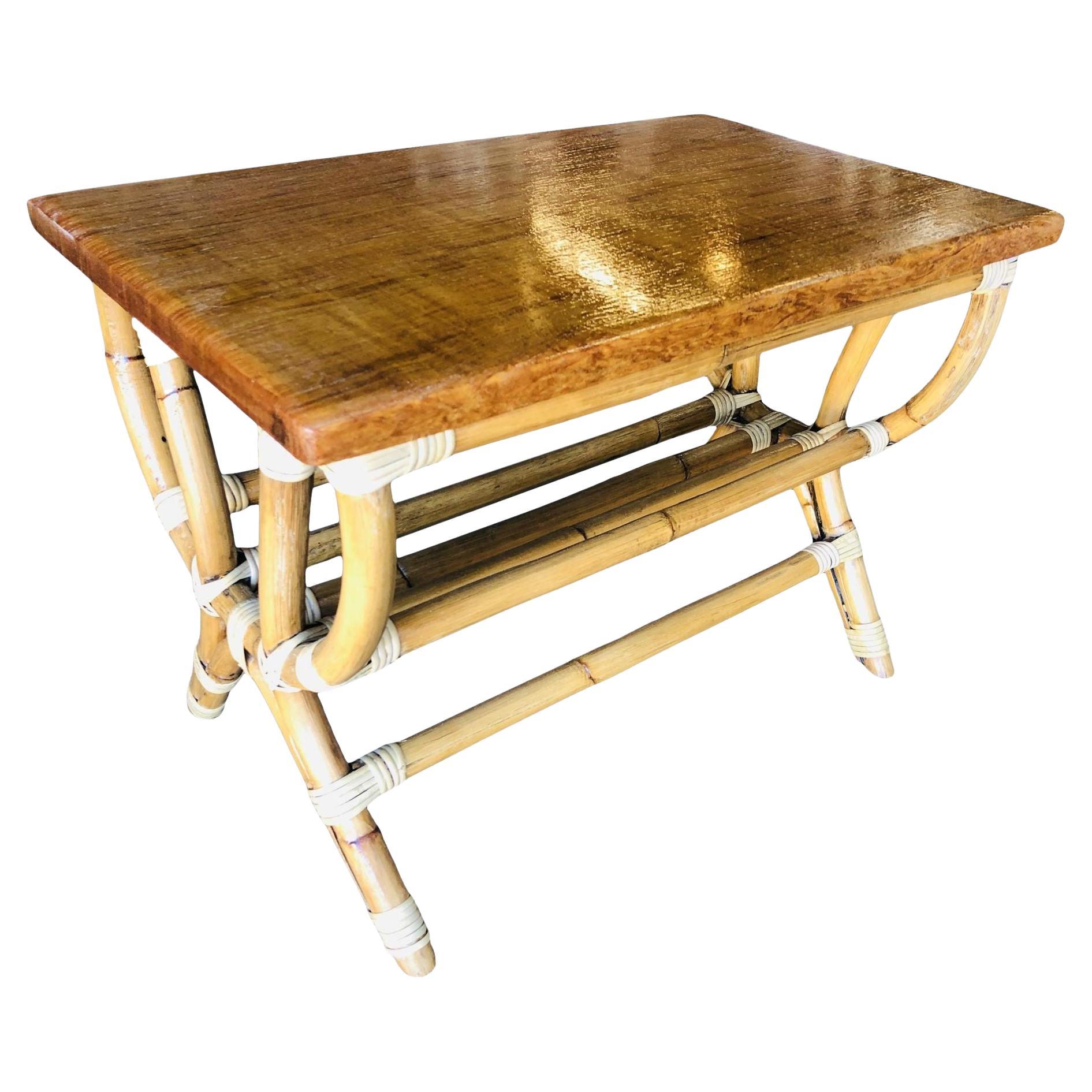 Restored Rattan "Harp" Side Table W/ Slat Underside For Sale