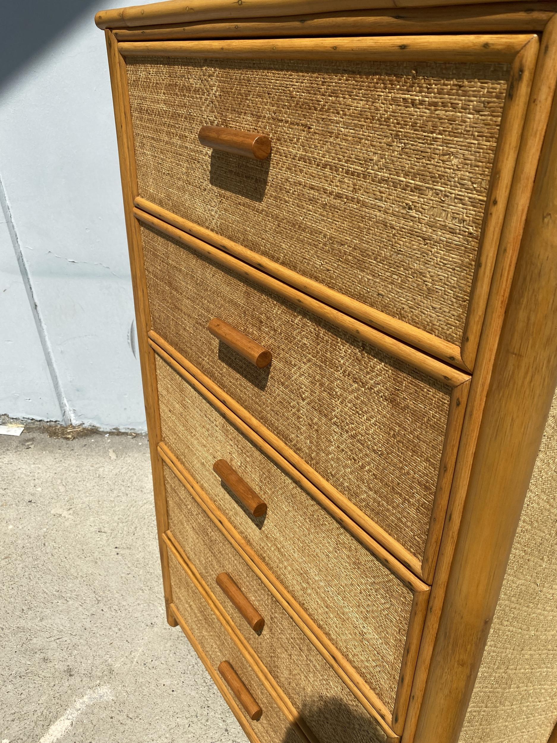 Tempered Restored Rattan Highboy Dresser with Grassmat Wrappings