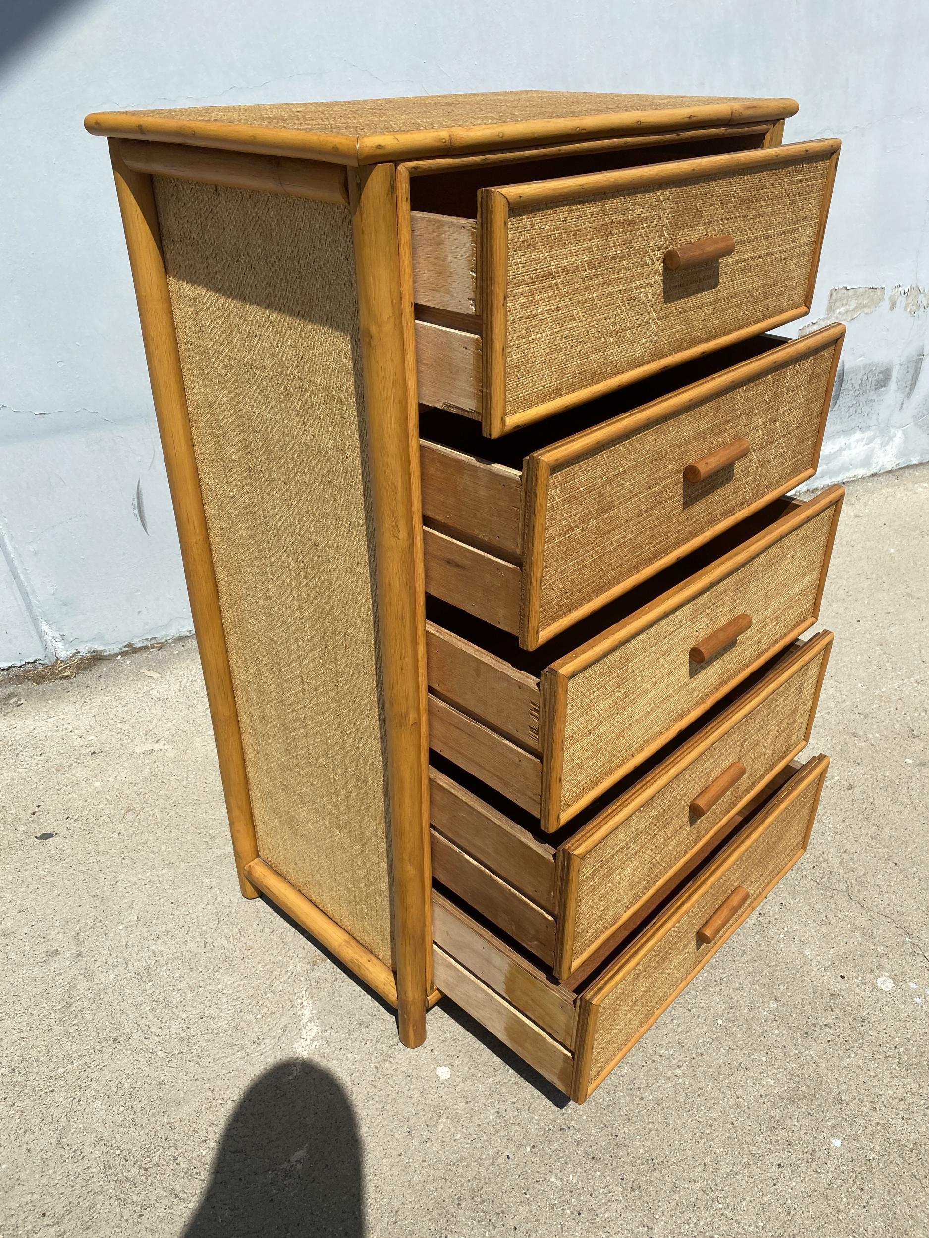 Restored Rattan Highboy Dresser with Grassmat Wrappings In Excellent Condition In Van Nuys, CA