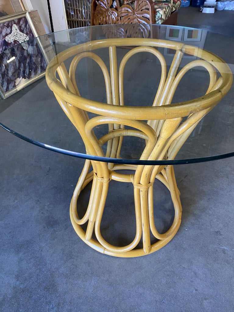 Restored Rattan "Hour Glass" Dining Table with Round Glass Top For Sale