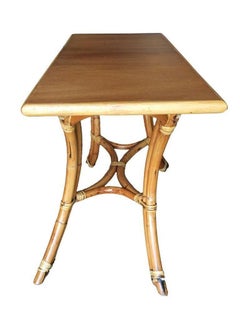 Restored Rattan "Hour Glass" Sofa/Console Table with Mahogany Top