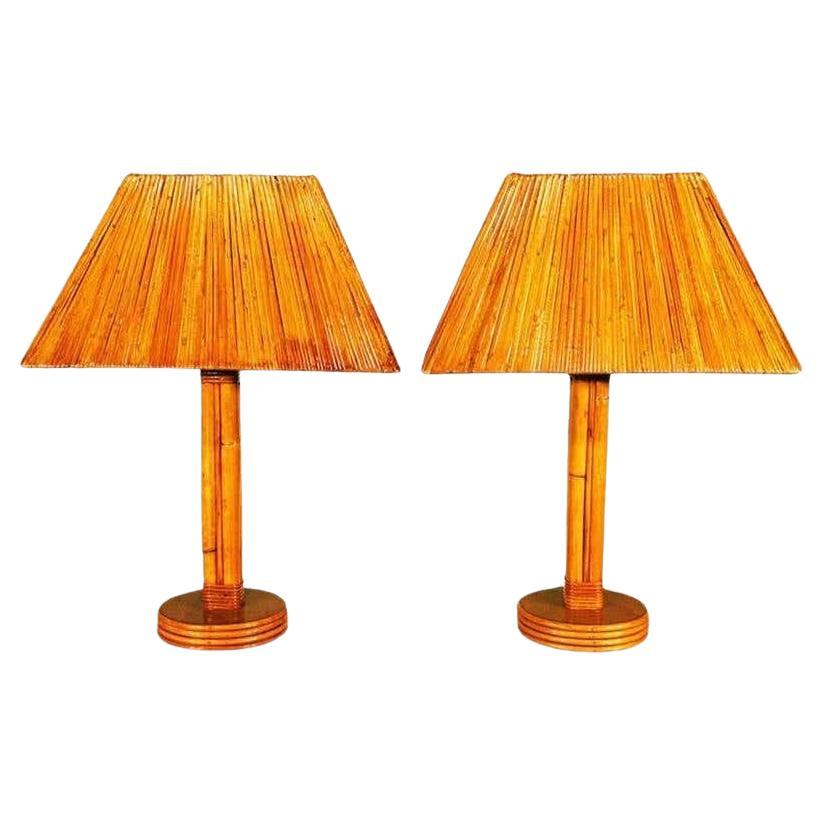 Restored Rattan Lamps with Rare Split Rattan Lamp Shade, Pair For Sale