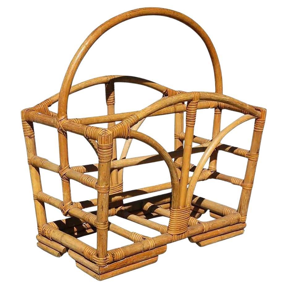Restored Rattan Magazine Rack W/ Stacked Base For Sale