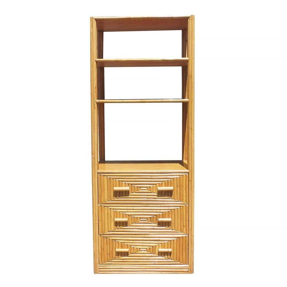 Three-tier stick rattan display cabinet with mahogany shelving and side panels, circa 1940. This large 7' tall cabinet features three fixed shelves and a bottom cabinet that has three drawers for storage. Perfect for use as a focal point in a living