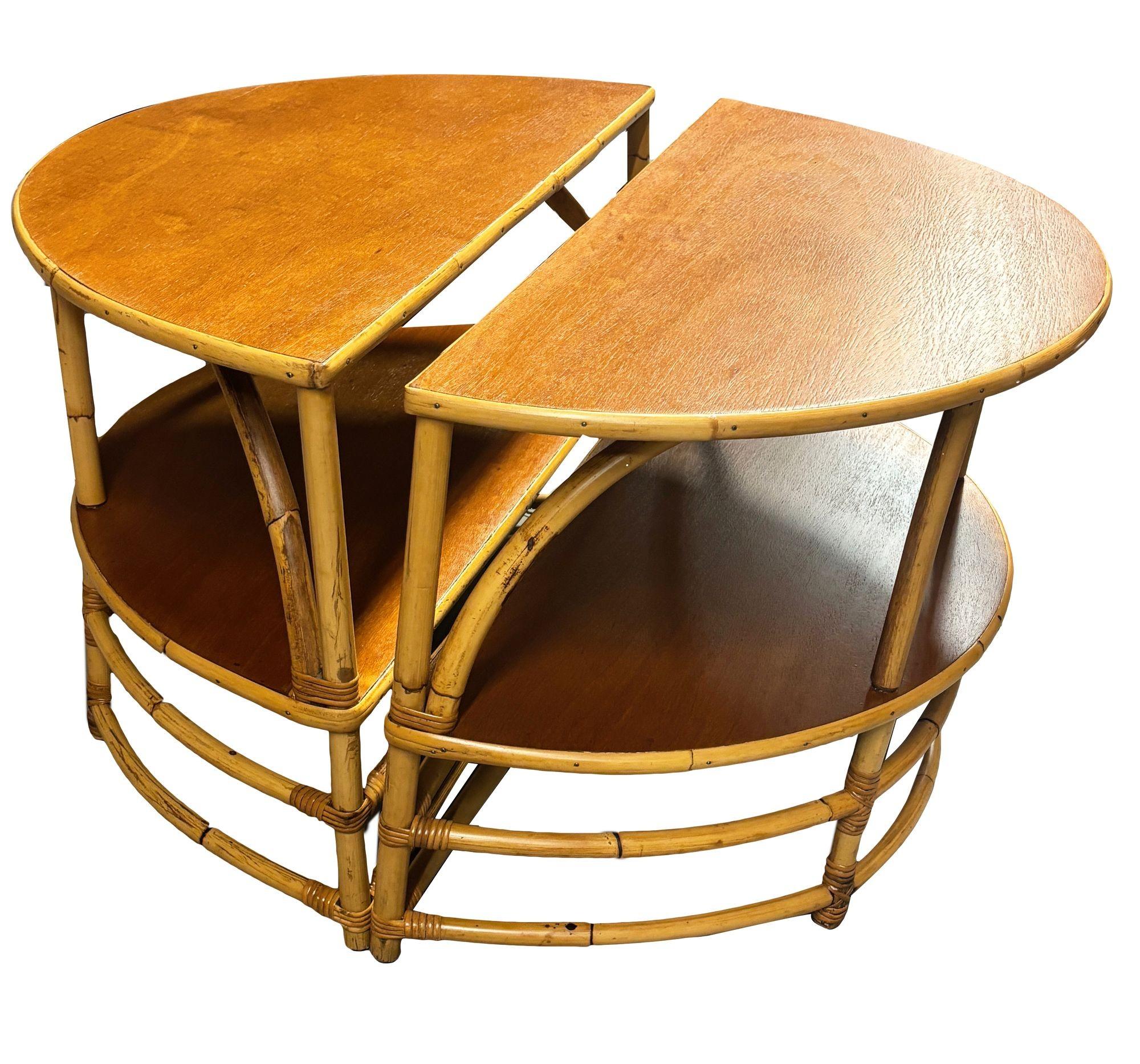 Elevate your entryway with this half-round side table pair which combines to make a larger full-moon round center table. The table set has convenient storage shelves for magazines, phones, remotes, or anything else you have. Crafted with arches on