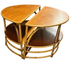 Restored Rattan & Mahogany Half Moon Side Table, Pair