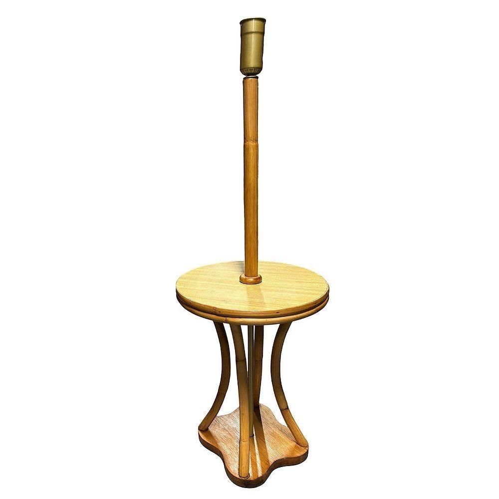 Mid-Century Modern Restored Rattan & Mahogany Hourglass Side Table Torchiere Floor Lamp For Sale