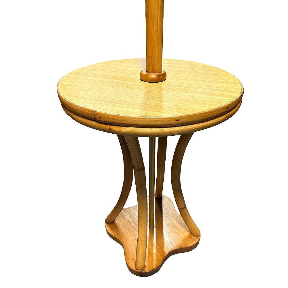 Restored Rattan & Mahogany Hourglass Side Table Torchiere Floor Lamp For Sale 1