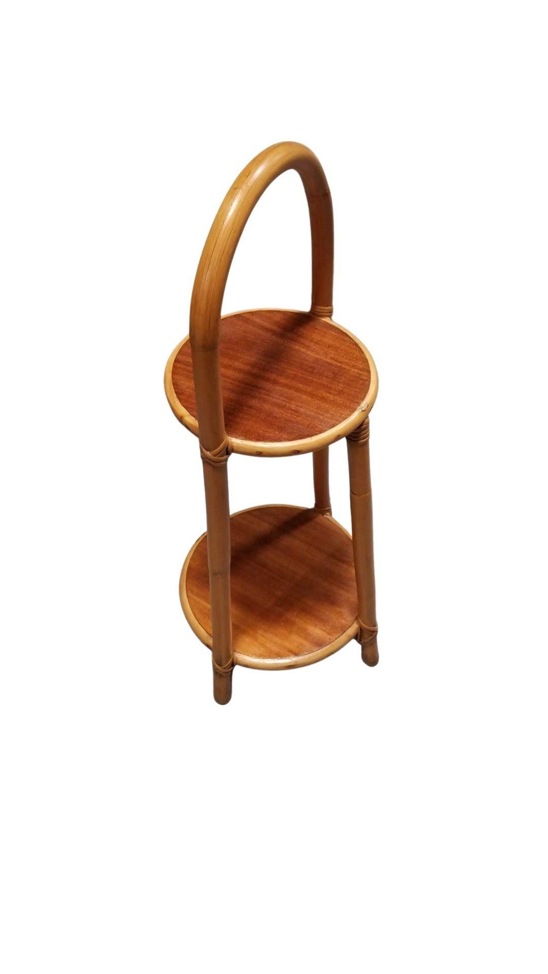 Restored rattan single-strand drink stand side table with mahogany shelves and top handle for portability.

1950, United States

We only purchase and sell only the best and finest rattan furniture made by the best and most well-known American
