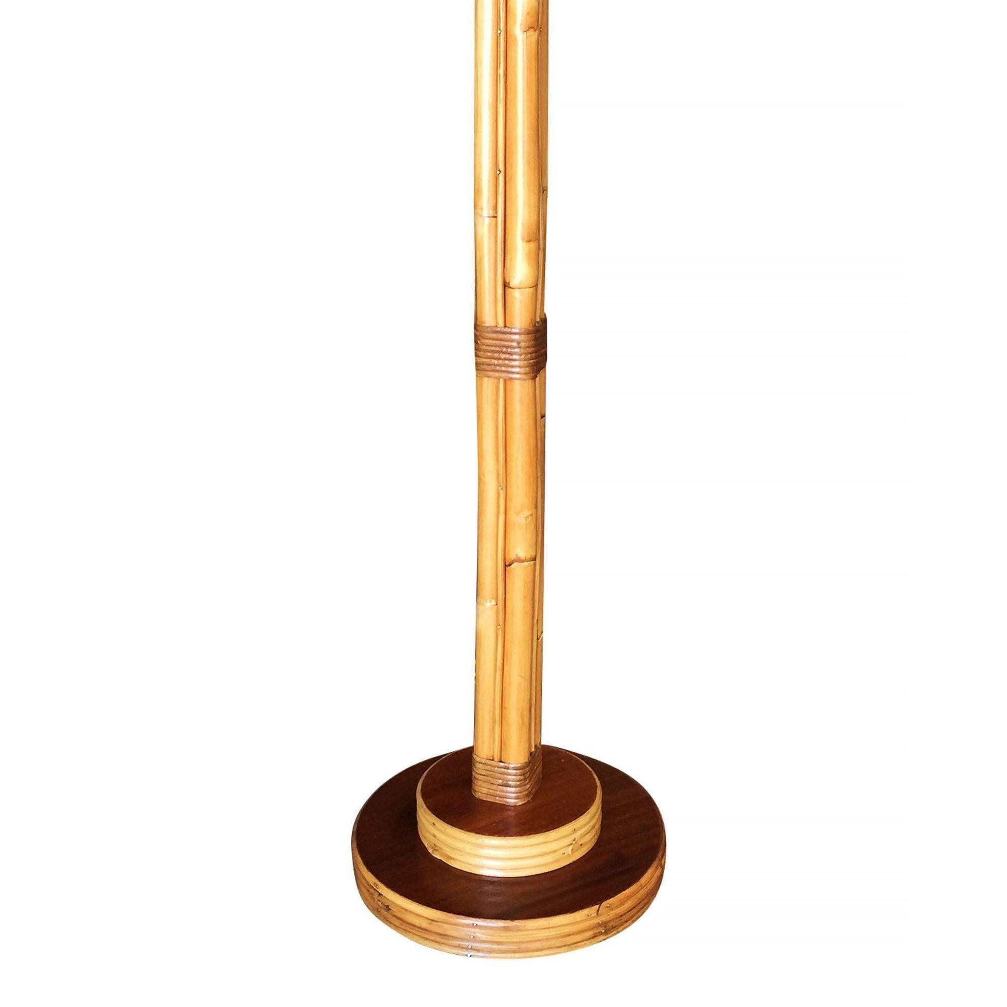 Mid-20th Century Restored Rattan & Mahogany Pole Floor Lamp For Sale