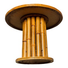 Restored Rattan & Mahogany Round Pedestal Side Table