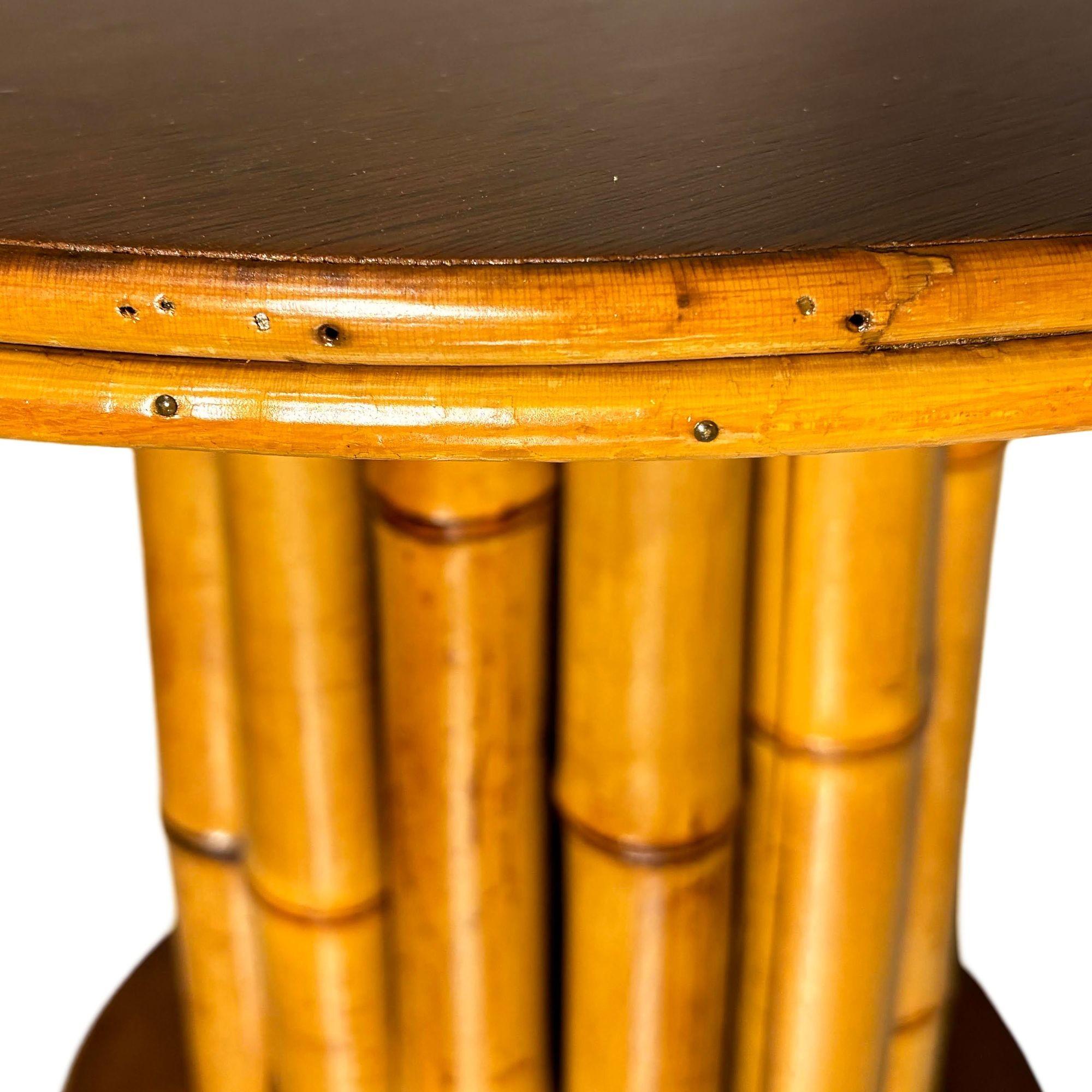 Mid-Century Modern Restored Rattan & Mahogany Round Pedestal Side Table For Sale