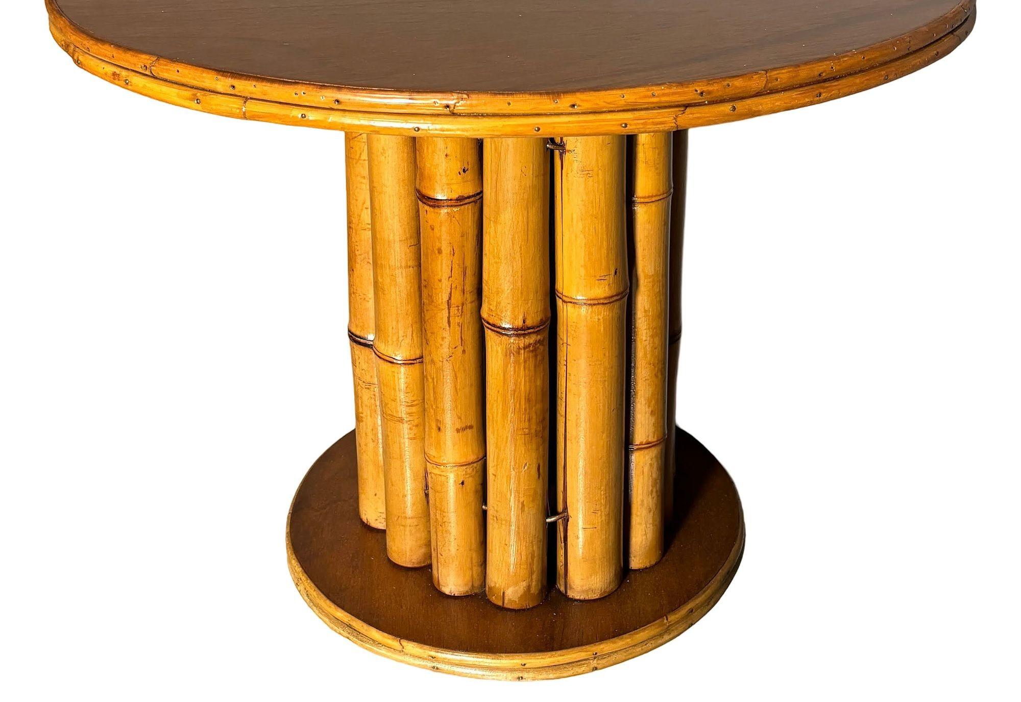 American Restored Rattan & Mahogany Round Pedestal Side Table For Sale