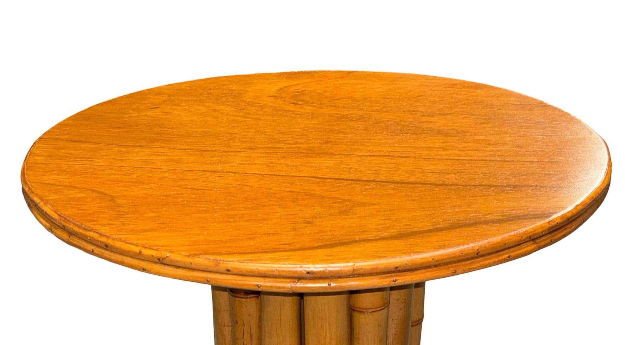 Restored Rattan & Mahogany Round Pedestal Side Table In Excellent Condition For Sale In Van Nuys, CA