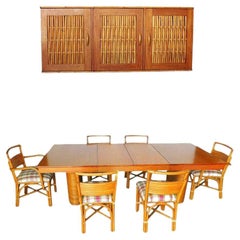 Restored Rattan & Mahogany Table/Chairs Dining Set with Sideboard