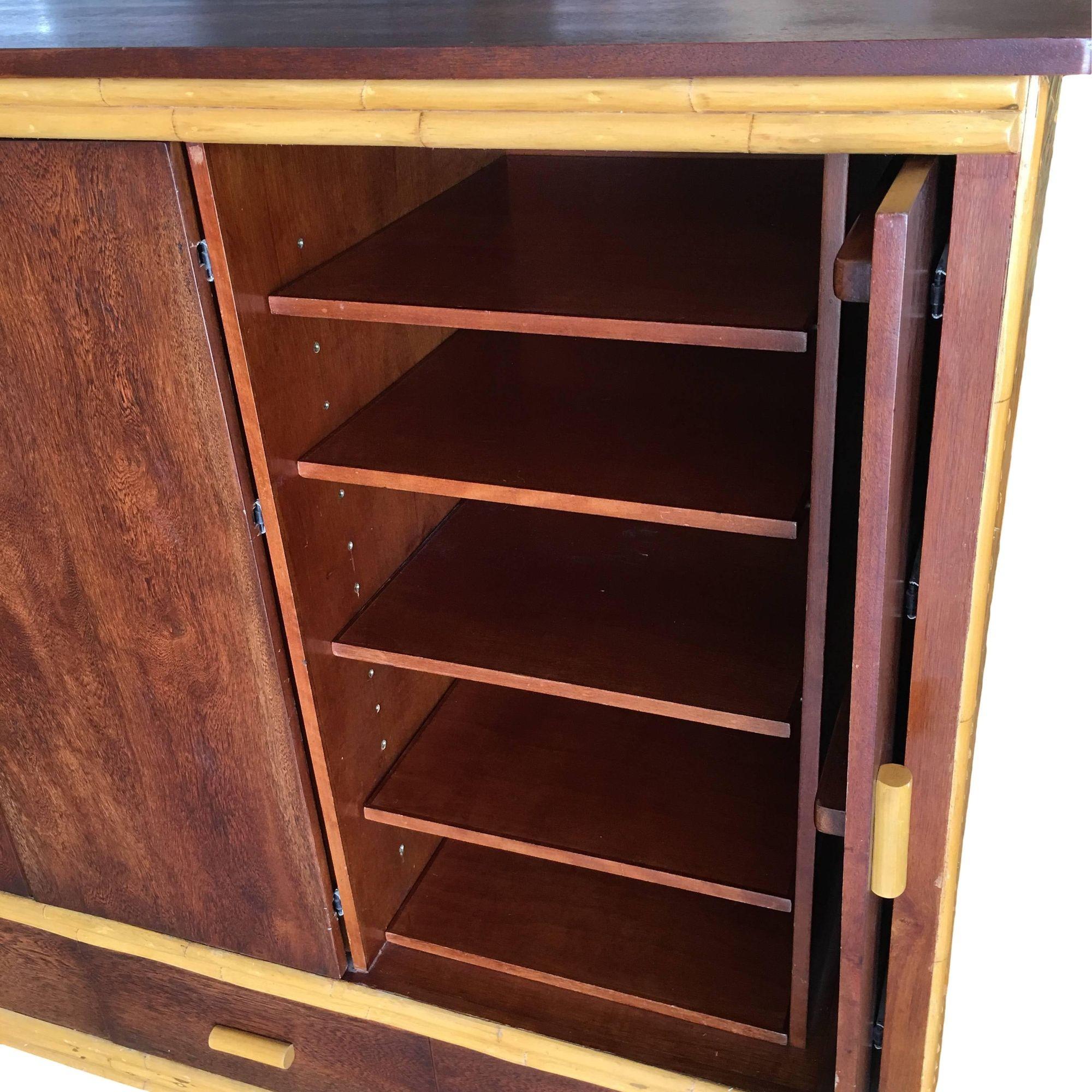 Restored Rattan & Mahogany TV Stereo Cabinet W/ Component Rack For Sale 3