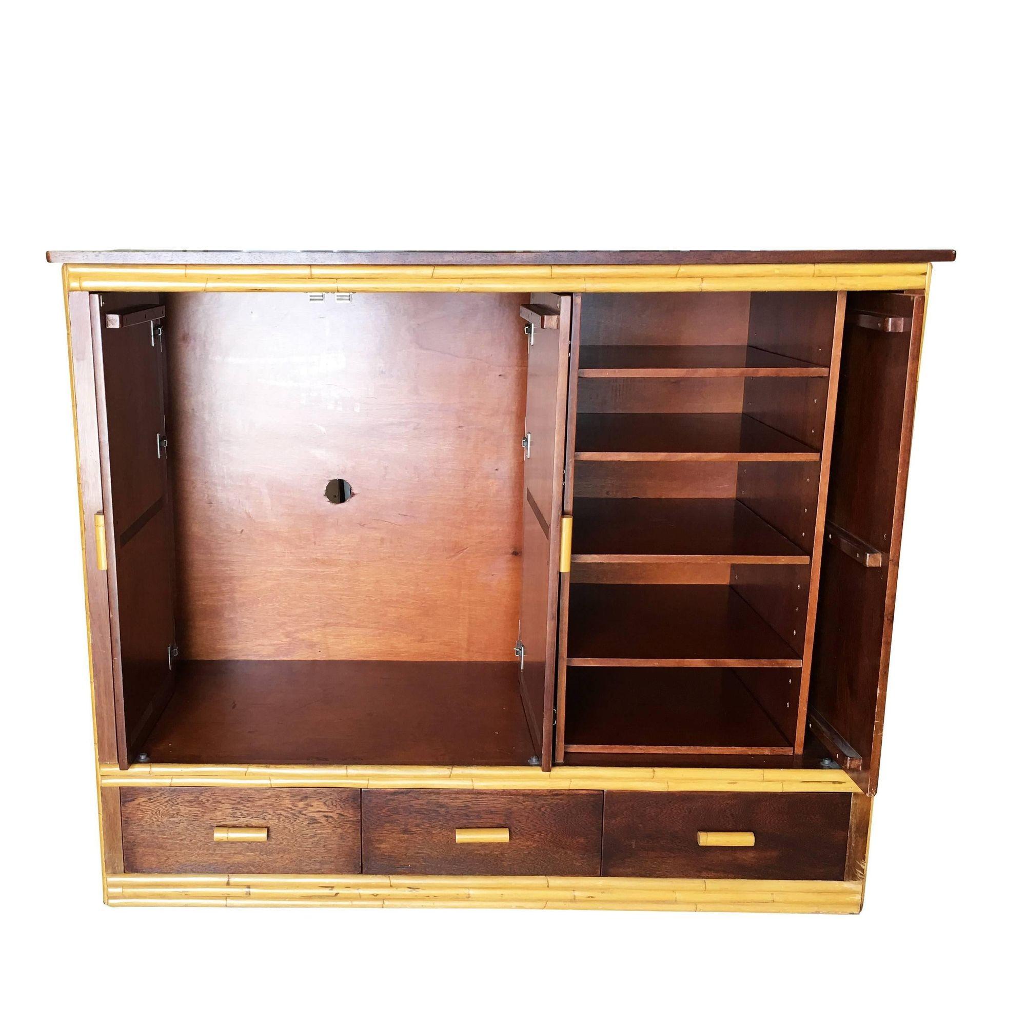 American Restored Rattan & Mahogany TV Stereo Cabinet W/ Component Rack For Sale