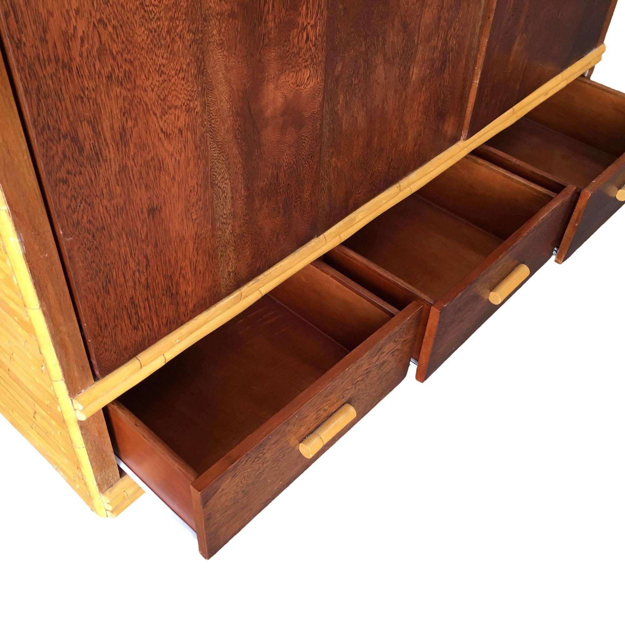 Mid-20th Century Restored Rattan & Mahogany TV Stereo Cabinet W/ Component Rack For Sale