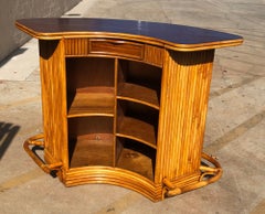Restored Rattan Mid Century Dry Bar with Mahogany Top and Footrest