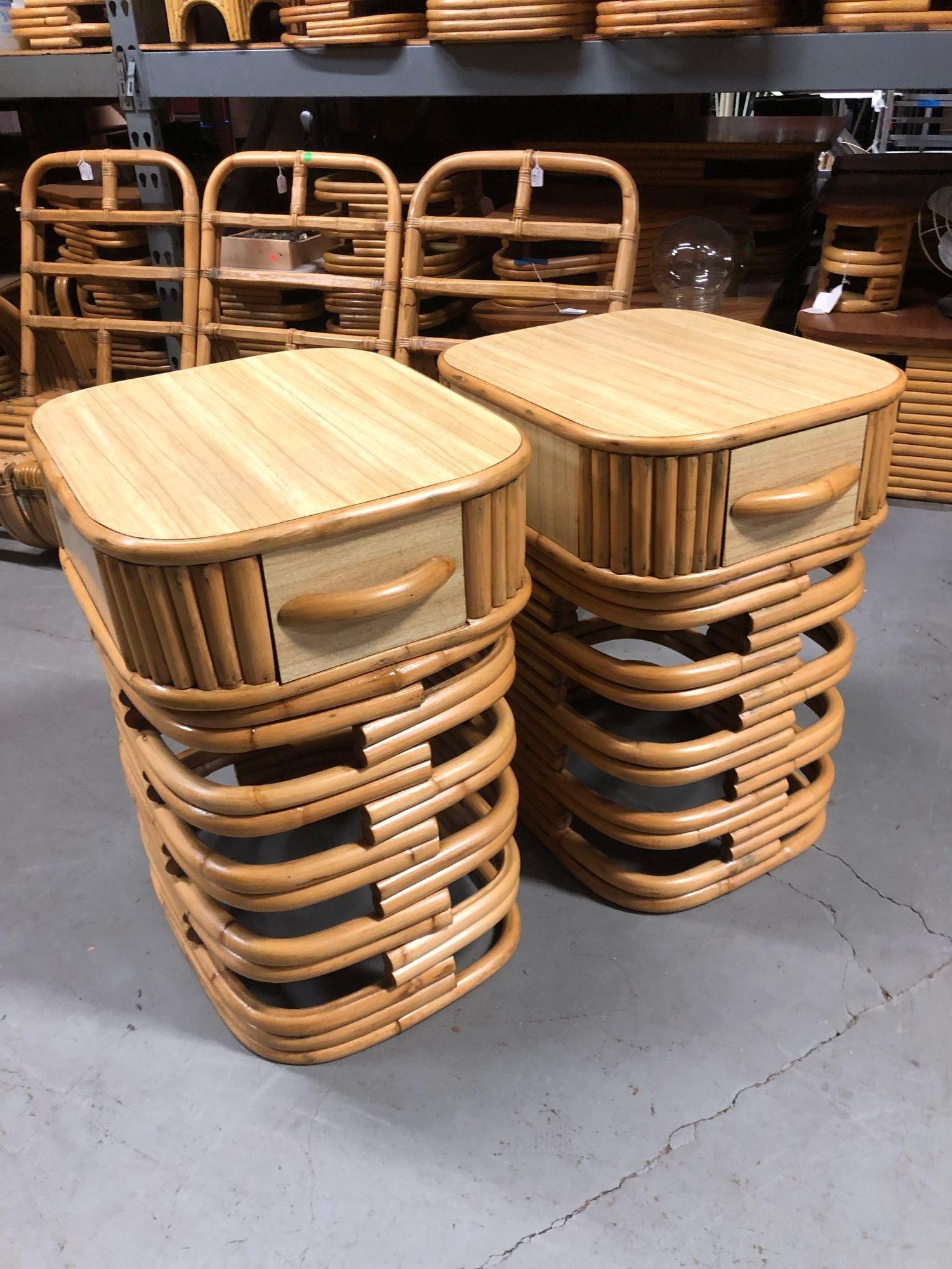 Restored Rattan Nighstand Side Table with Formica Top - Pair In Excellent Condition For Sale In Van Nuys, CA