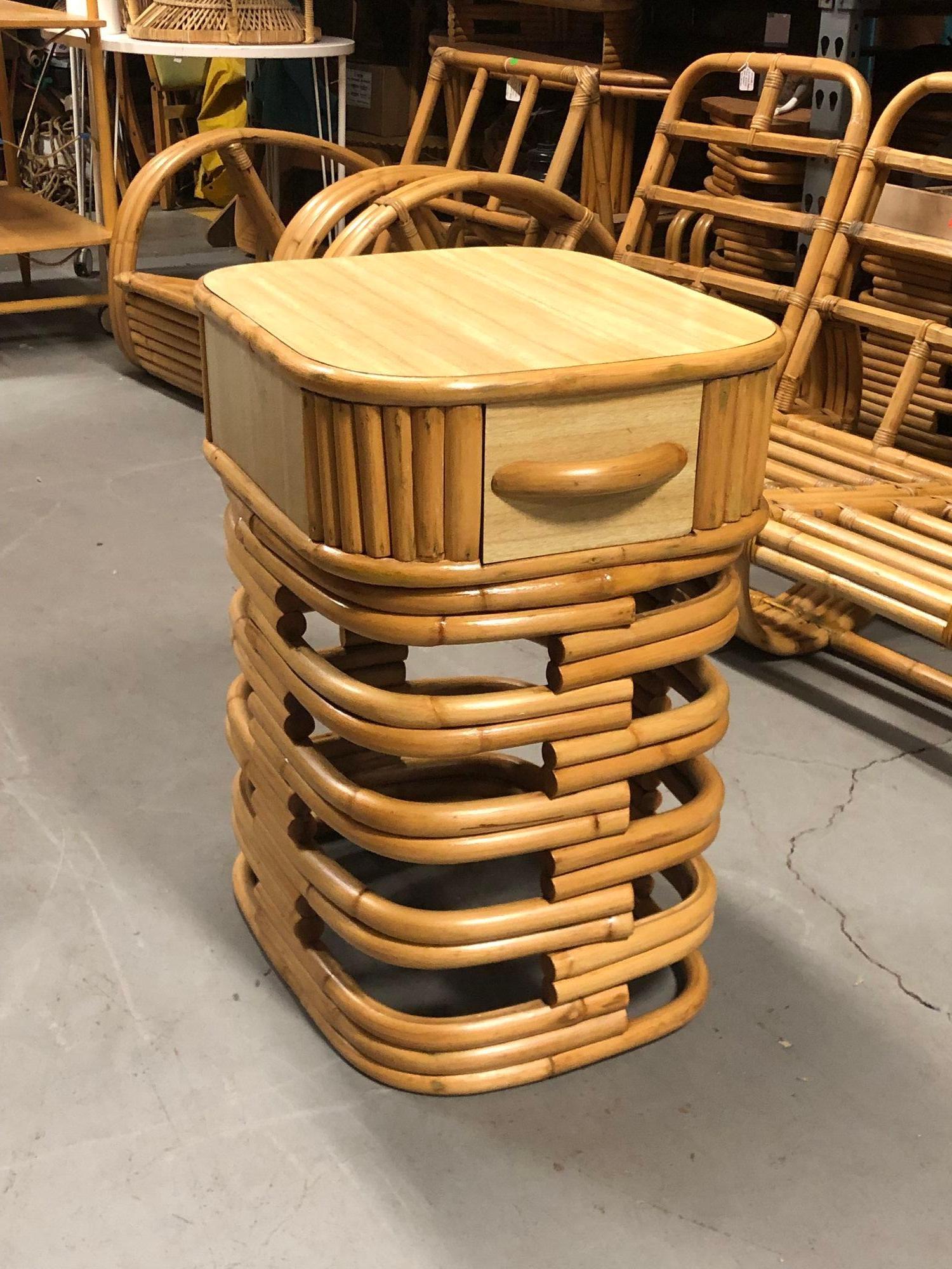 Mid-20th Century Restored Rattan Nighstand Side Table with Formica Top - Pair For Sale