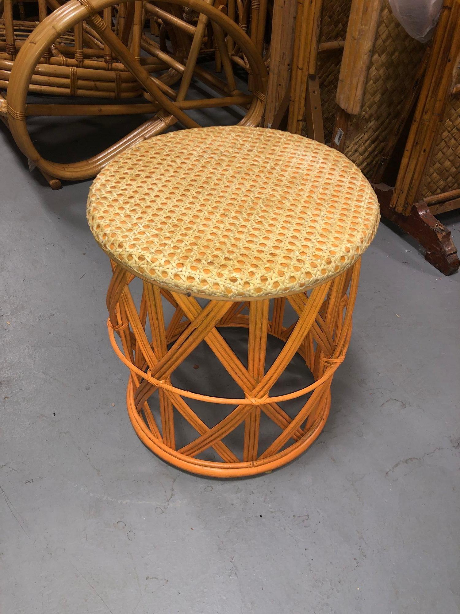 Mid-20th Century Restored Rattan Orange and Natural Cane Side Table For Sale