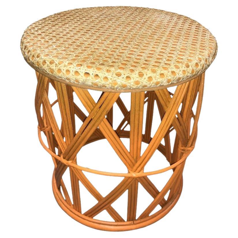 Restored Rattan Orange and Natural Cane Side Table For Sale