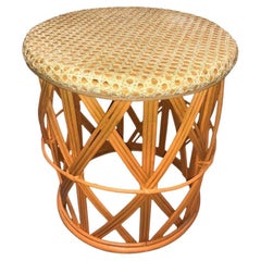 Restored Rattan Orange and Natural Cane Side Table