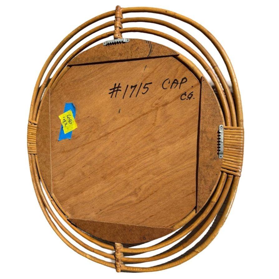 Mid-Century Modern Restored Rattan Oval Hand Woven Wall Mirror with Reed Rattan Frame For Sale