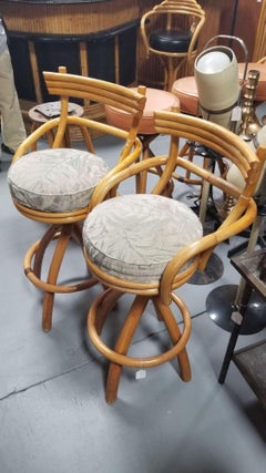 Restored Rattan Pair of Two Stacked Back Bar stools w/ Botanical Fabric Seats