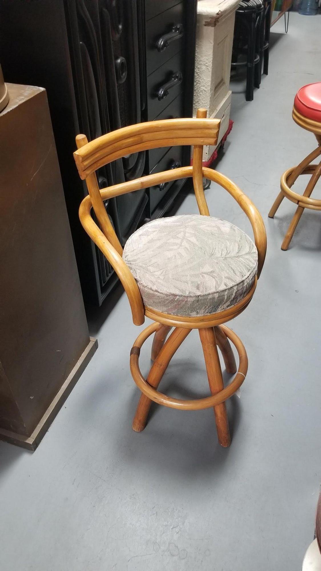 Restored Rattan Pair of Two Stacked Back Bar stools w/ Botanical Fabric Seats For Sale 1