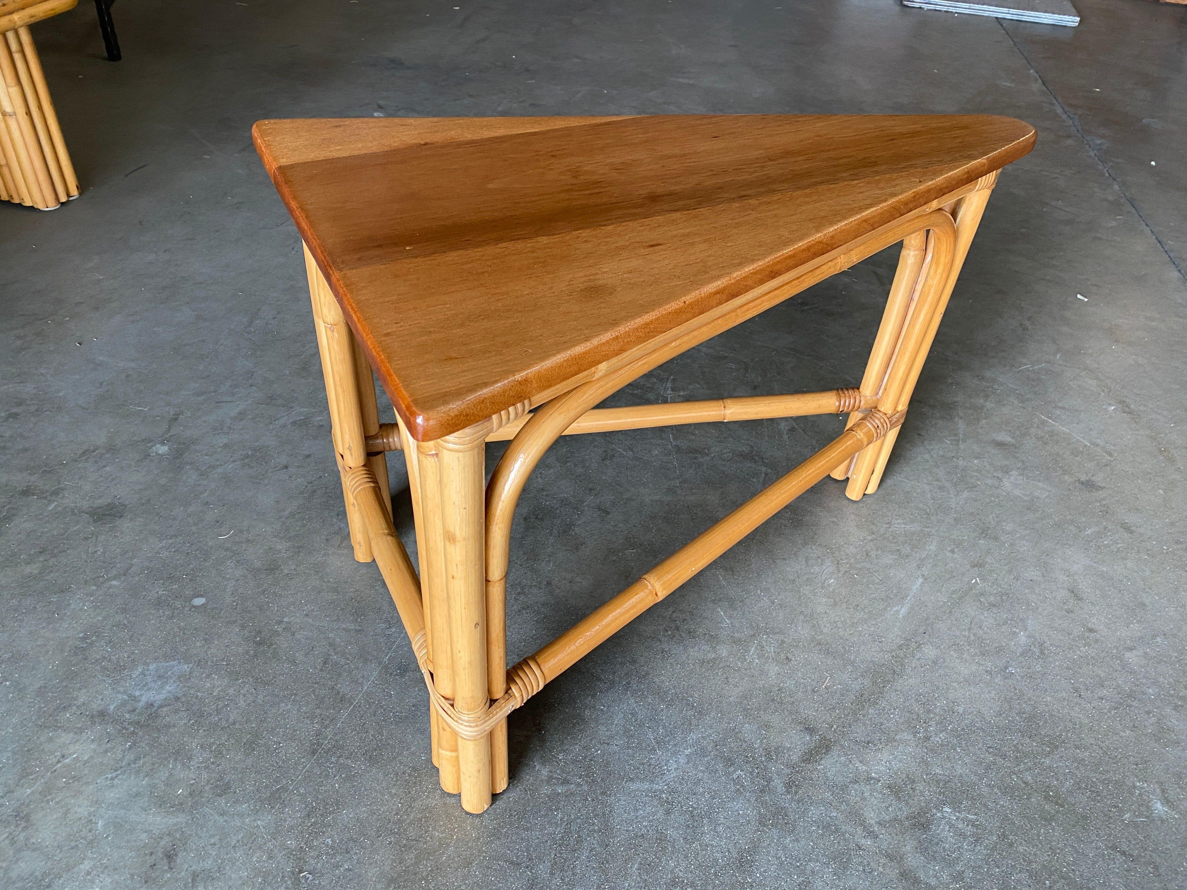 Mid-20th Century Restored Rattan Corner Wedge Table with Mahogany Tabletop For Sale