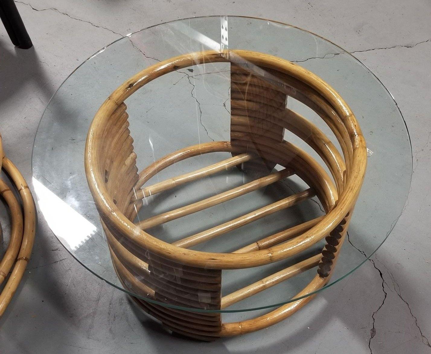 Restored Rattan Round Coffee Table with Glass Top and Stacked Base For ...