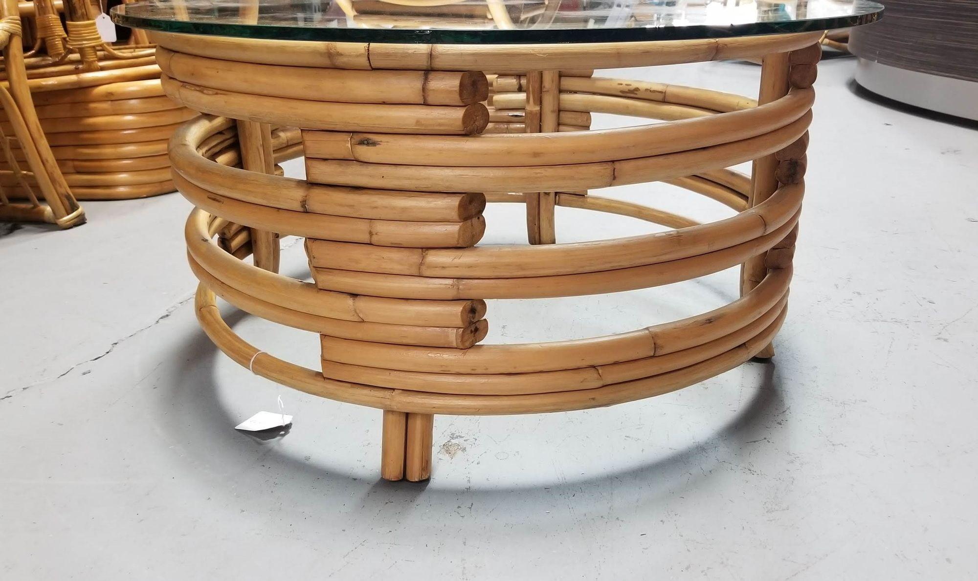 Restored Rattan Round Coffee Table with Glass Top and Stacked Base For ...