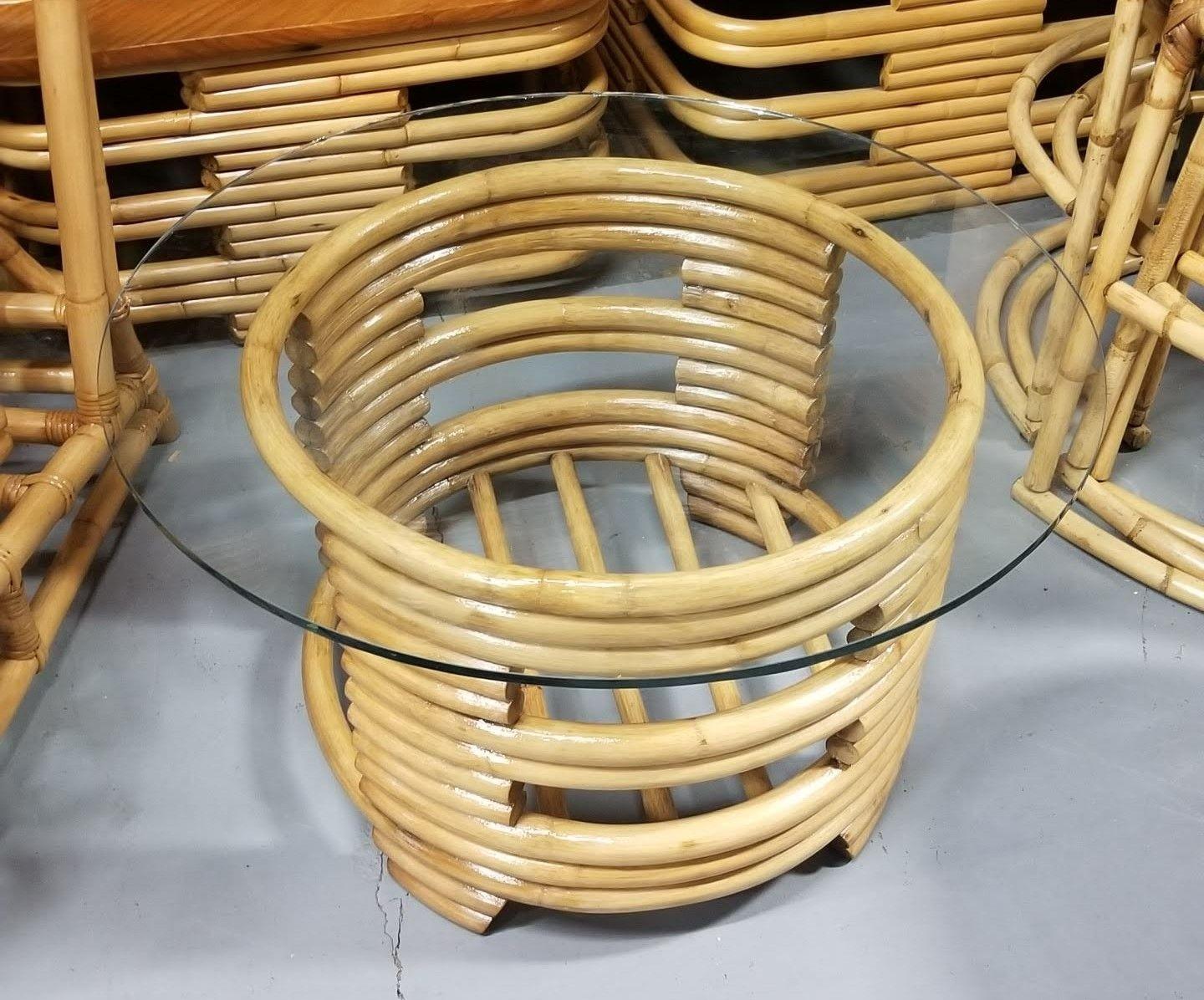 Restored Rattan Round Coffee Table with Glass Top and Stacked Base For ...