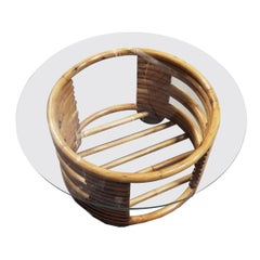 Restored Rattan Round Coffee Table with Glass Top and Stacked Base