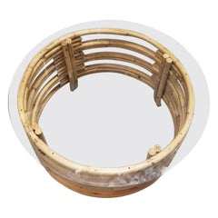 Restored Rattan Round Coffee Table with Glass Top and Stacked Base