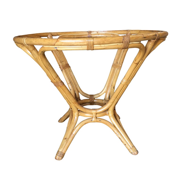 Restored Rattan Round Glass Top Dining Table For Sale at 1stdibs