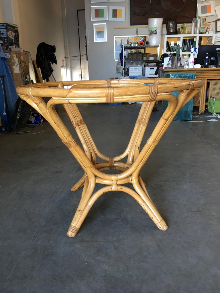 Restored Rattan Round Glass Top Dining Table For Sale at 1stdibs