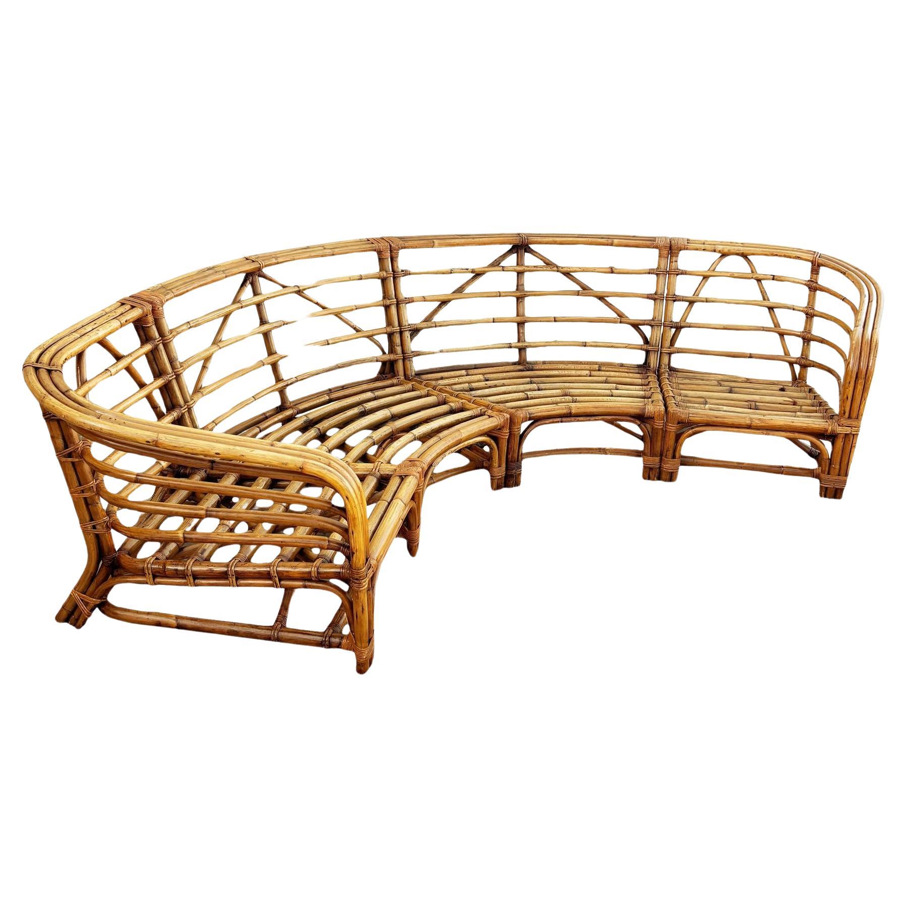 Restored Rattan Round Sectional Sofa w/ 3-Strand Waterfall Arms For Sale
