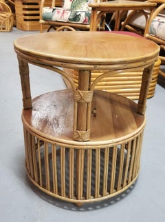 Restored Rattan Round Side Table with Pencil Reed Base in the style of Crespi