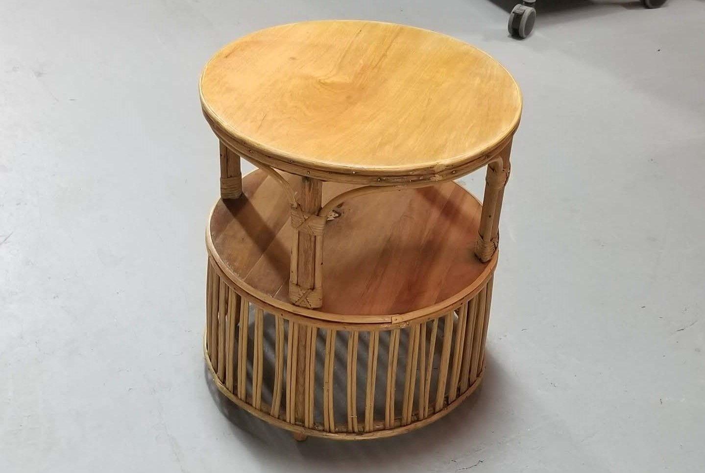 Restored Rattan Round Side Table with Pencil Reed Base in the style of Crespi In Excellent Condition For Sale In Van Nuys, CA