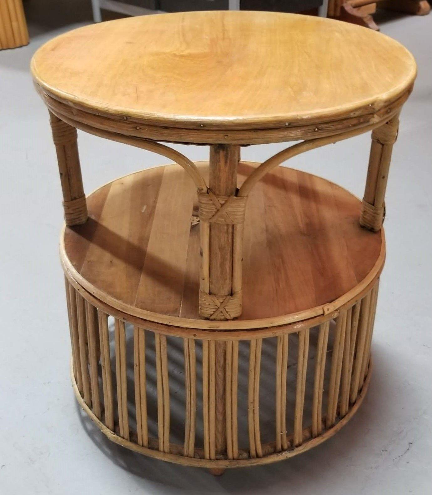Mid-20th Century Restored Rattan Round Side Table with Pencil Reed Base in the style of Crespi For Sale