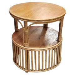 Restored Rattan Round Side Table with Pencil Reed Base in the style of Crespi