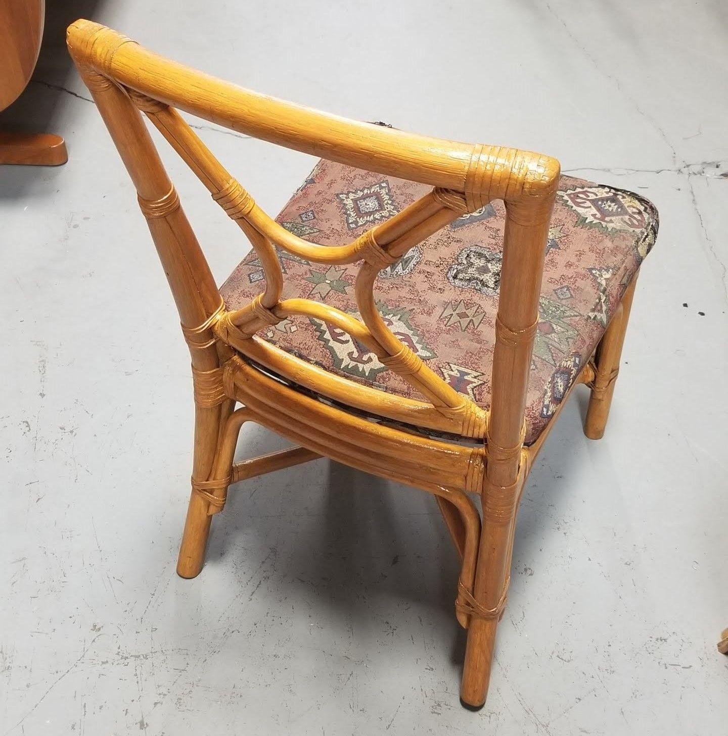 Mid-20th Century Restored Rattan set of 6 Dining Chairs Featuring X-back and Leather Wrappings. For Sale