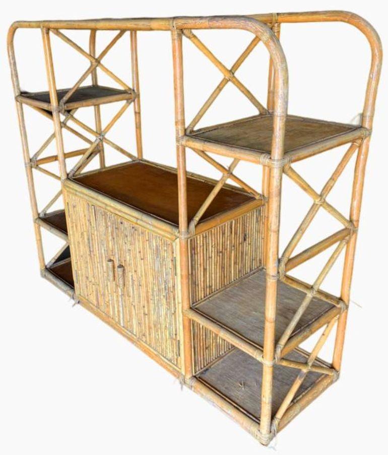 Restored Rattan Seven-Tier Display Shelf Wall Etagere Unit w/ Cabinet In Excellent Condition For Sale In Van Nuys, CA